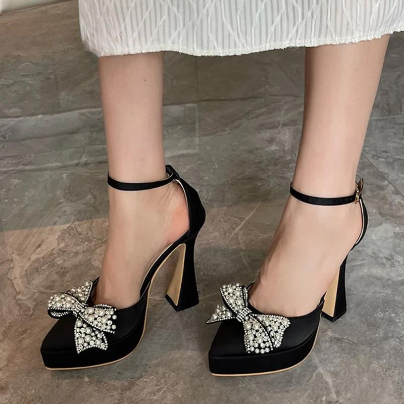 Fashion Ins Style Pearl Butterfly-Knot Women High Heels Sandals Sexy Thick Bottom Pointed Toe Platform Pumps Wedding Banquet Shoes