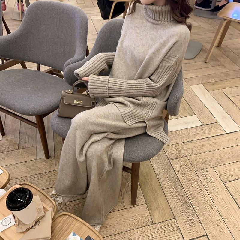 2021 Autumn/Winter Korean High Neck Slit Knitwear & Loose Wide-Leg Pants Two-Piece Set for Women