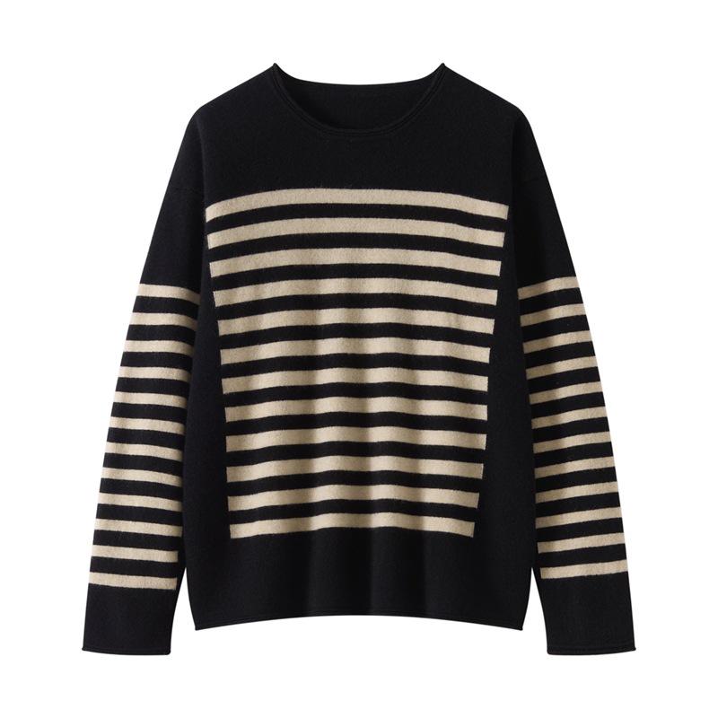 2025 Fall/Winter Women's 100% Cashmere Color Block Retro Stripe Round Neck Pullover Sweater