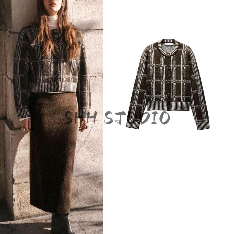 25 Spring New Women's Clothing Idle Style Plaid Printed round Neck Long Sleeves Knitting Cardigan Outwear 6236006