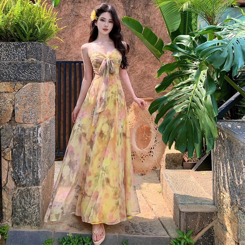 

French Yellow Floral Suspender Dress Women s Summer Seaside Vacation Tube Top Dress Does Not Hit The Fairy Beach Skirt L