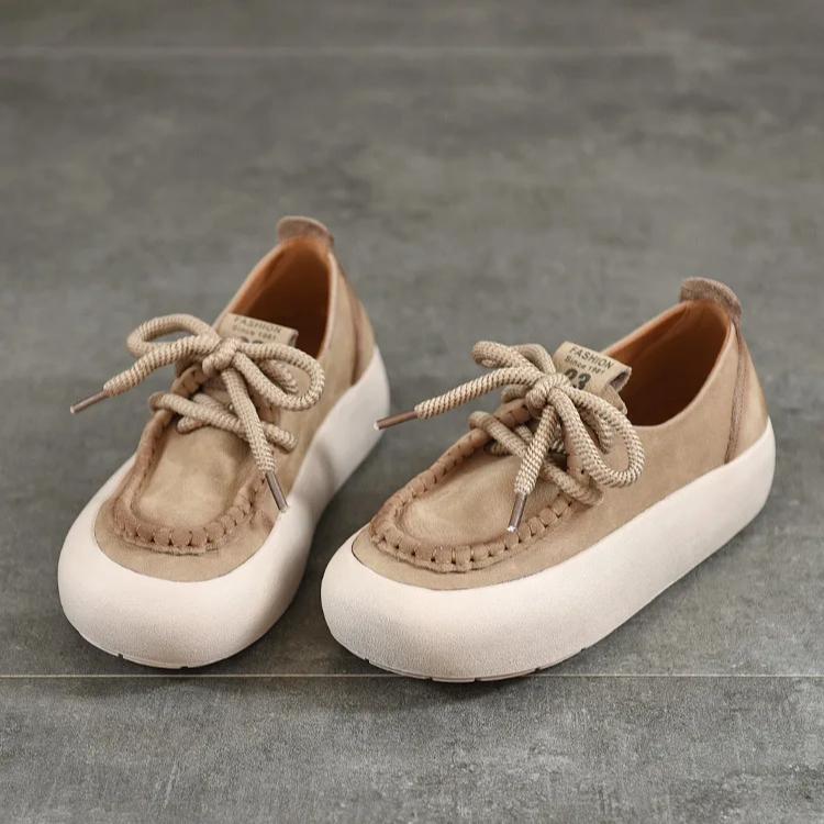 Johnature Genuine Leather Thick Soled Women's Shoes Casual Versatile Solid Color Flat Platform Shoes