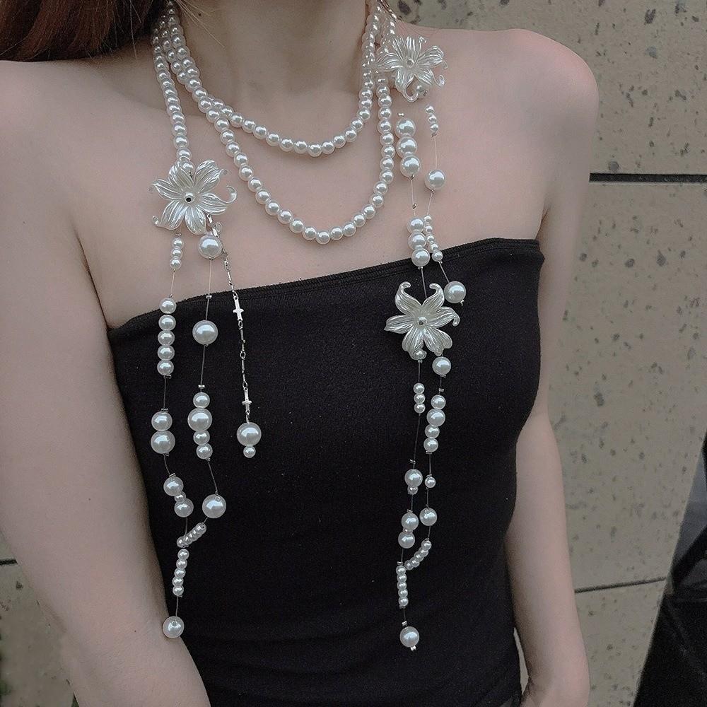 Faux Pearl Lilium Flower Pearl Necklace Multi Layer Stacked Flower Choker Vacation Look