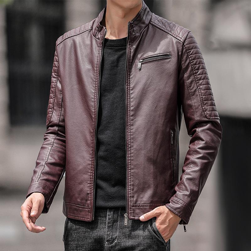 Men's Leather Jacket Spring and Autumn New Trendy Motorcycle Stand Collar Jacket Men's Slim Korean Style Green Pu Leather Jacket