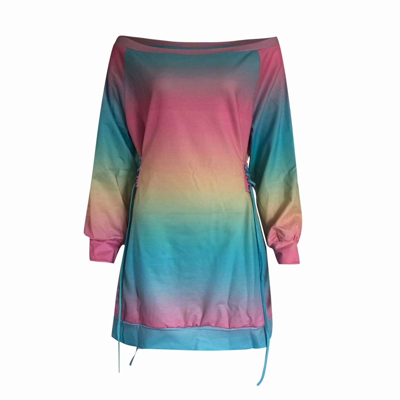 Ladies Round Neck Color Tie- Printing Long-sleeved Loose Dress L