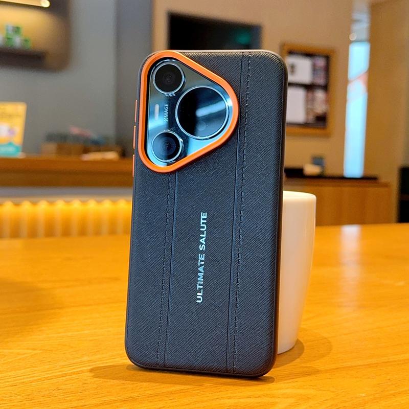 Étui de Conception en Cuir Texture Croisée de Luxe Pour Huawei Pura 80 70 Pro Ultra Mince Anneau de Caméra Orange Étui Housse antichoc