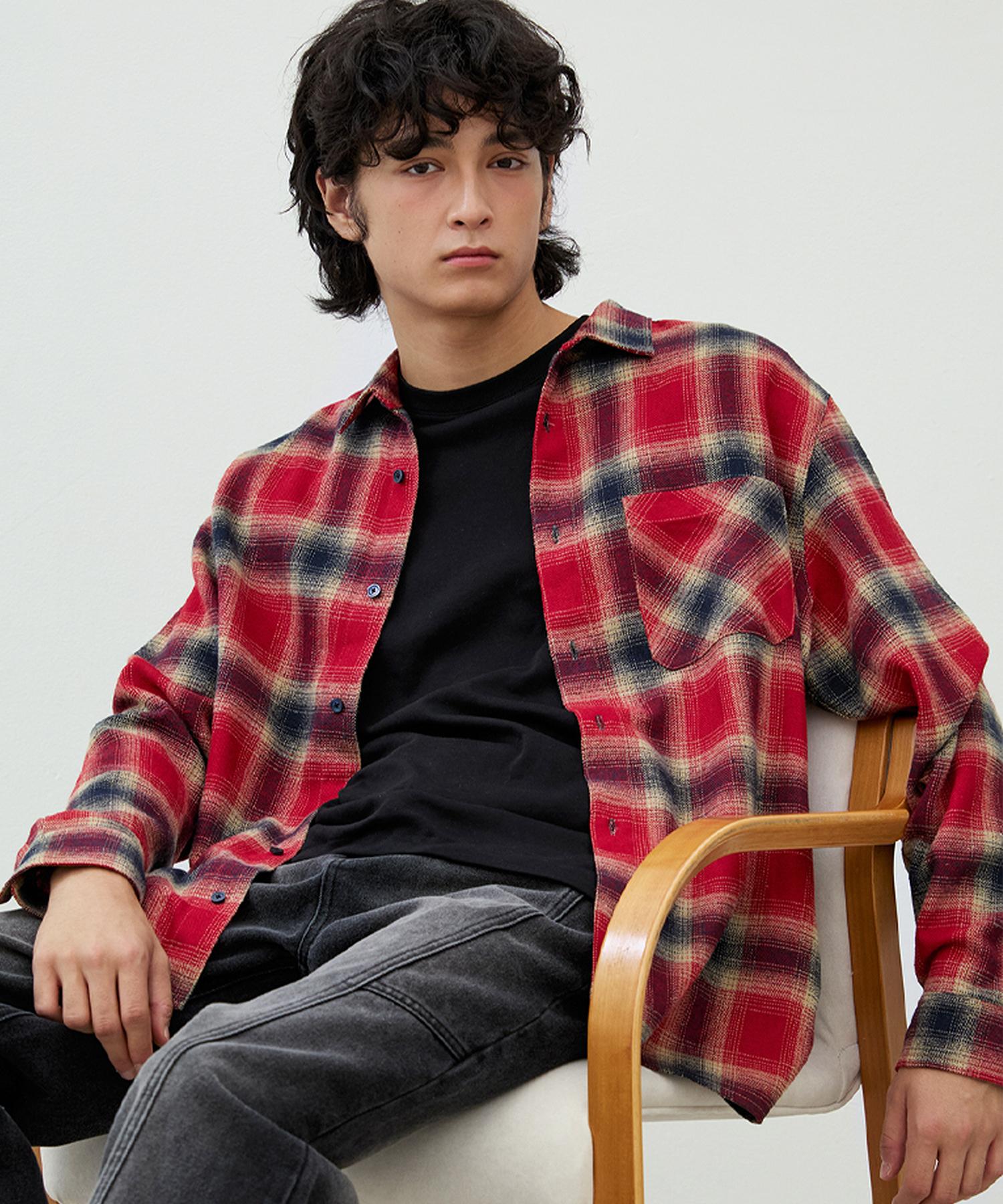 Nod You Nsc Ombre Oversized Tartan Check Long Sleeve Shirt [Red] M