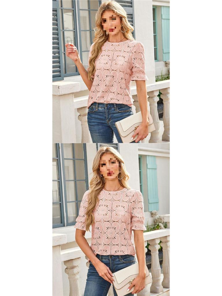 European American Women's Summer Lace Puff Sleeve Top TK2026