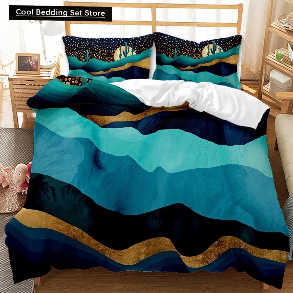 Set Husă Plapumă Marmură Negru Alb Auriu Textură Marmură Abstractă Imprimată Negru Alb Mărime Dublu Queen King Set de Lenjerie de Pat Poliester