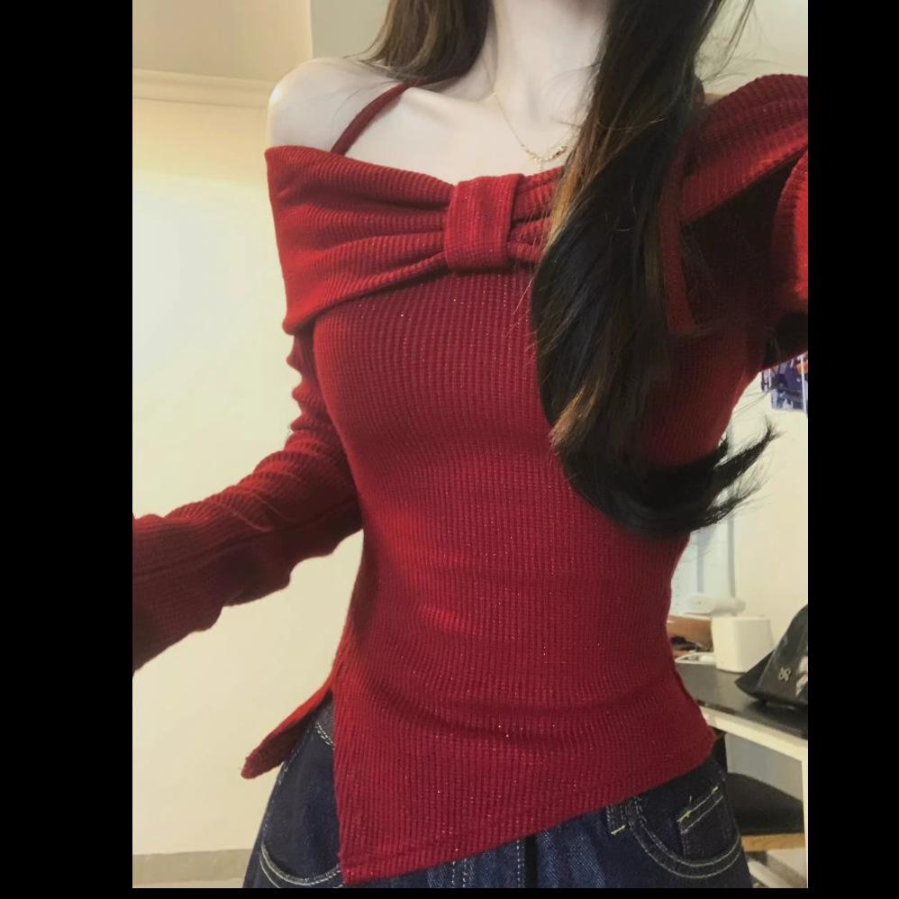 Elegant Red One-Shoulder Bow Long-Sleeve Women's Slim Fit Top - Perfect for Autumn/Winter