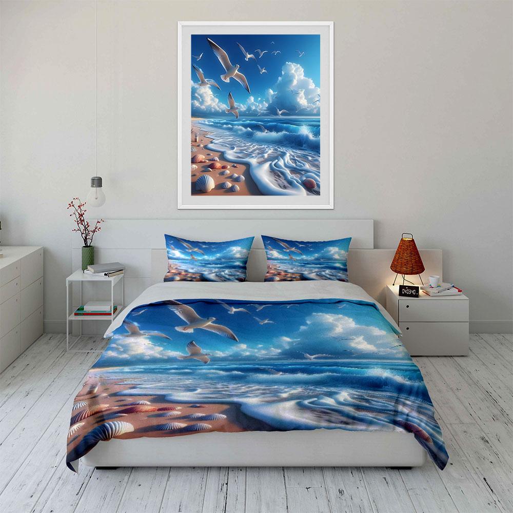 Seagulls Soaring Over Blue Coast Duvet Cover Set With 3D Printing Design Soft Polyester Bedding Set All-Season Comfort