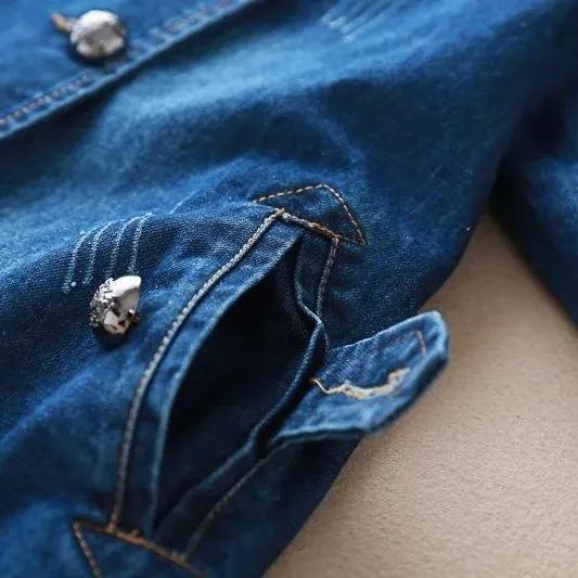 Dżinsowy krótki płaszcz damski luźny płaszcz z kołnierzykiem dla lalek trencz wiosna jesień