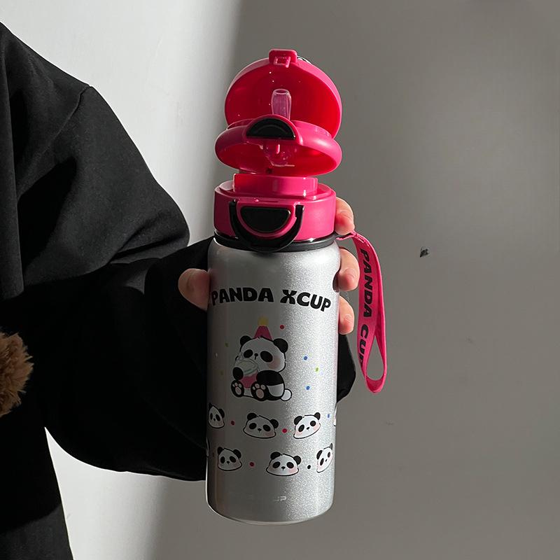 Neuer Thermosbecher mit hohem Erscheinungsbild und doppelter Getränkestärke, Cartoon-Edelstahlbecher, tragbarer Wasserbecher mit Strohhalm für den Außenbereich für Männer und Frauen