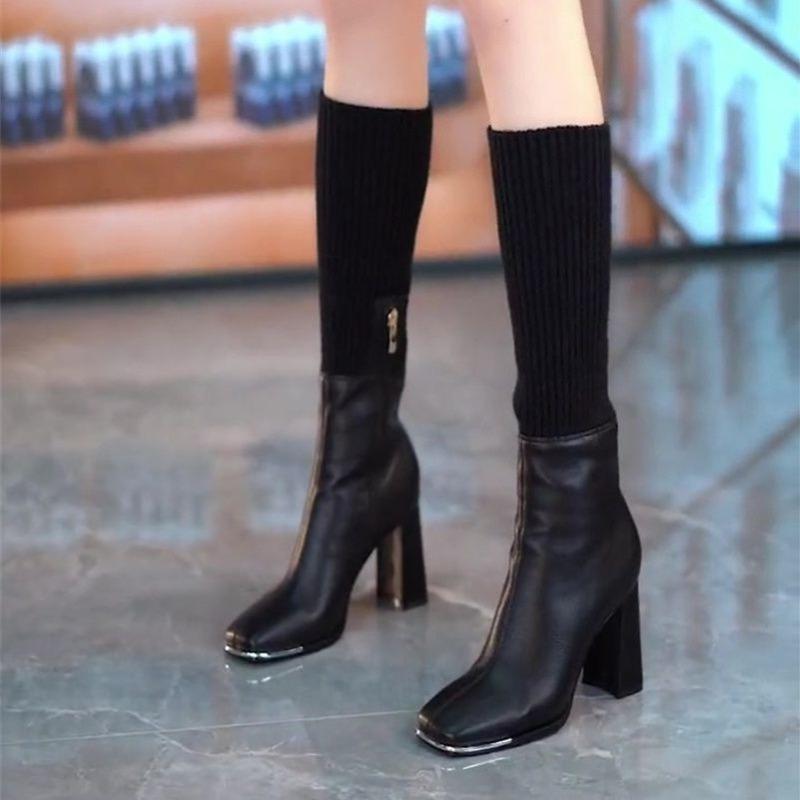 Fashion Women High Boots Fashion High Heels Shoes Brand Chunky Sock Boots Designer 2025 Winter New Square Toe Heeled Shoes Sexy Pumps