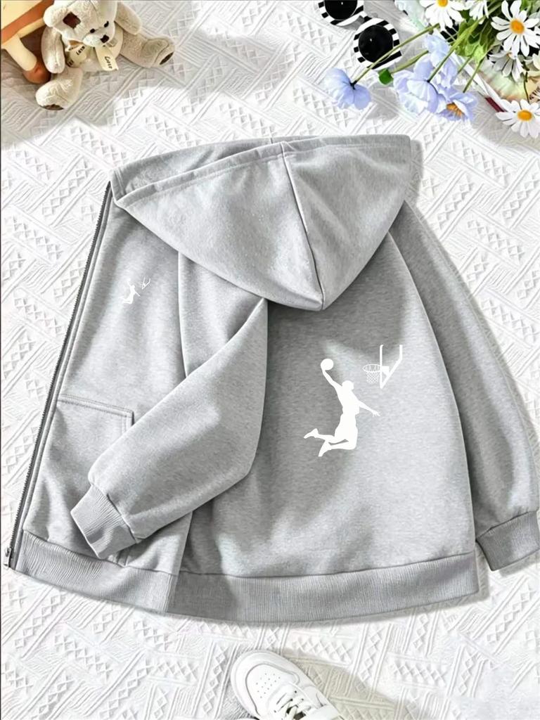 Kids Basketball Dunk Silhouette Graphic Zip Up Hoodie Loose Long Sleeve Hooded Jacket Sports Casual Outerwear For Boys Girls