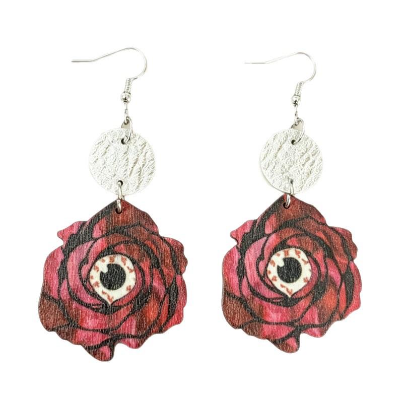 Gothic Style Red Rose and All-Seeing Eye Wood Earrings - Halloween Dark Floral Design