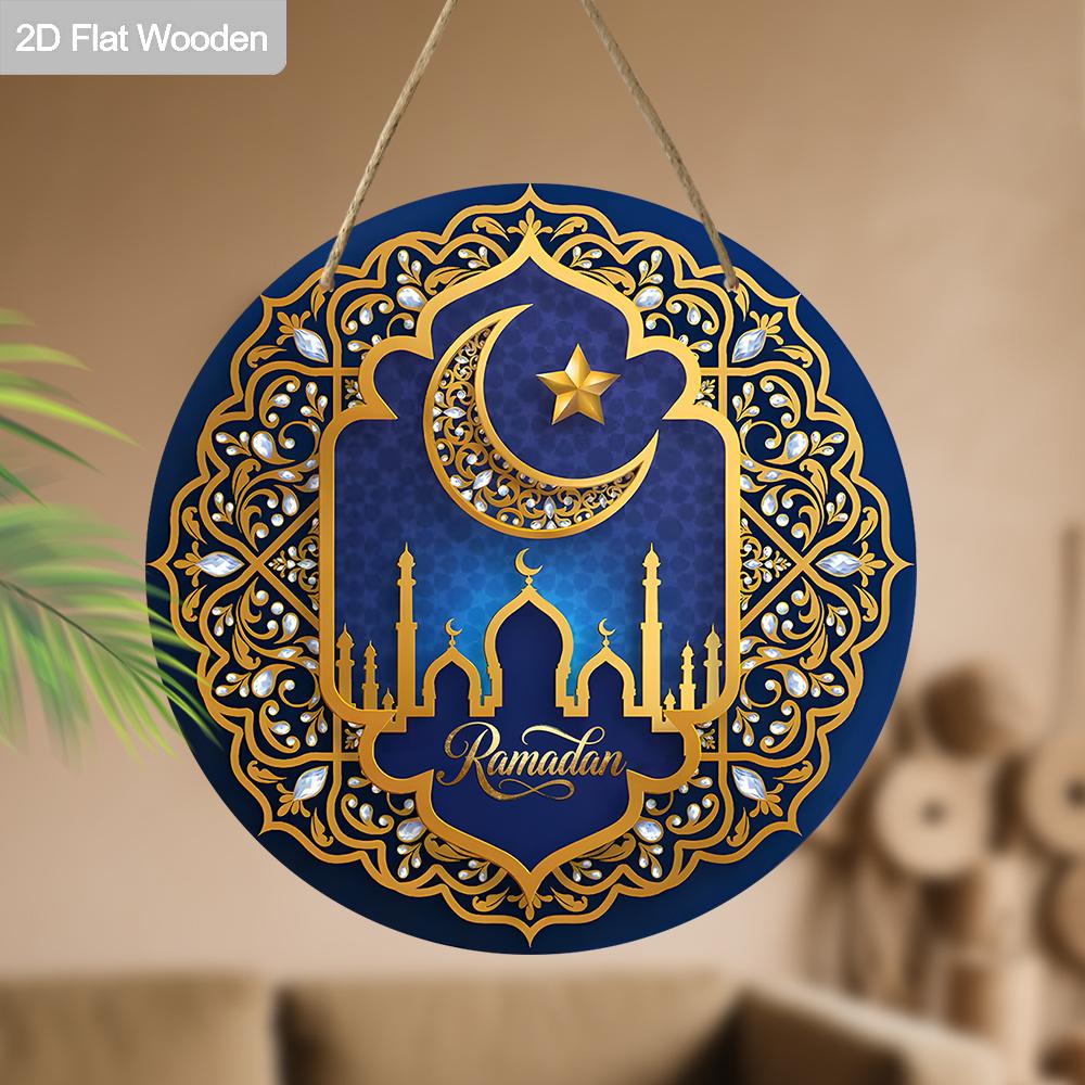 2D Flat Wooden Ramadan Round Decorative Hanging Ornament, 7.87inches Elegant Ramadan Kareem Wall Art, Home, Prayer Room, Livingroom Decorative Sign
