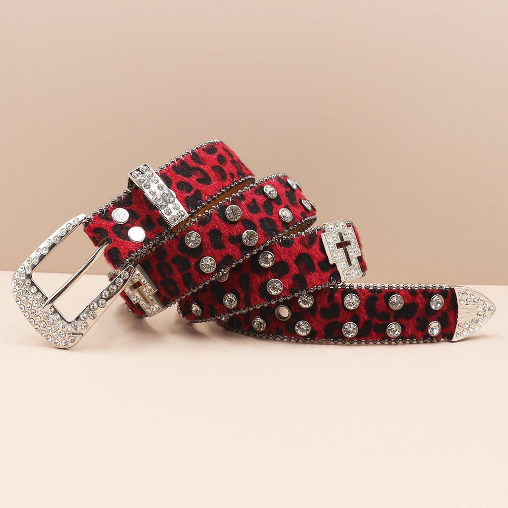 Pánské trendy džíny s leopardím vzorem, křížovým pasem a prémiovým koženým páskem