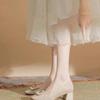 Retro Thick Heel Single Shoes Women's Spring and Summer New Evening Gentle Wind Pearl Square Buckle One Pedal Single Shoes