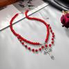 Vintage Gothic Metal Cross Pendant Necklace, Red Imitation Pearl Beaded Collarbone Chain Necklace
