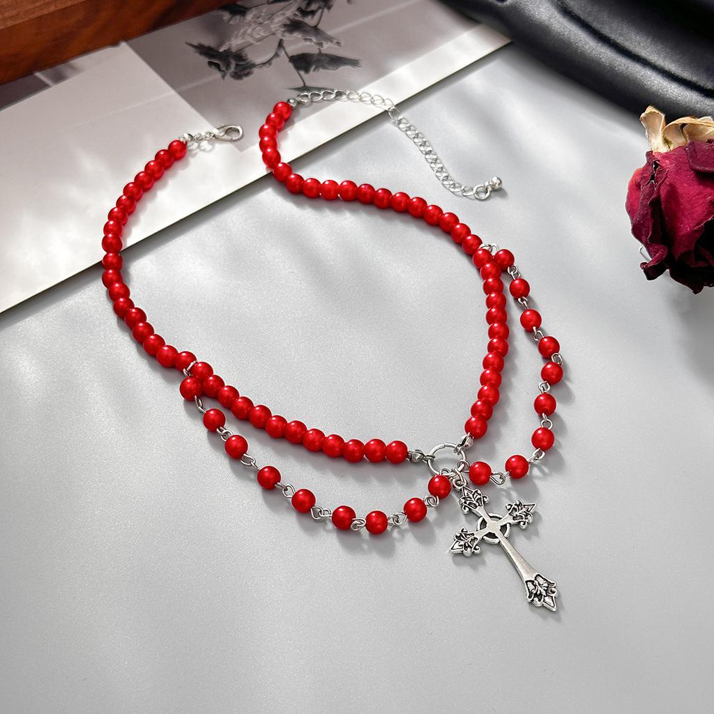 Vintage Gothic Metal Cross Pendant Necklace, Red Imitation Pearl Beaded Collarbone Chain Necklace