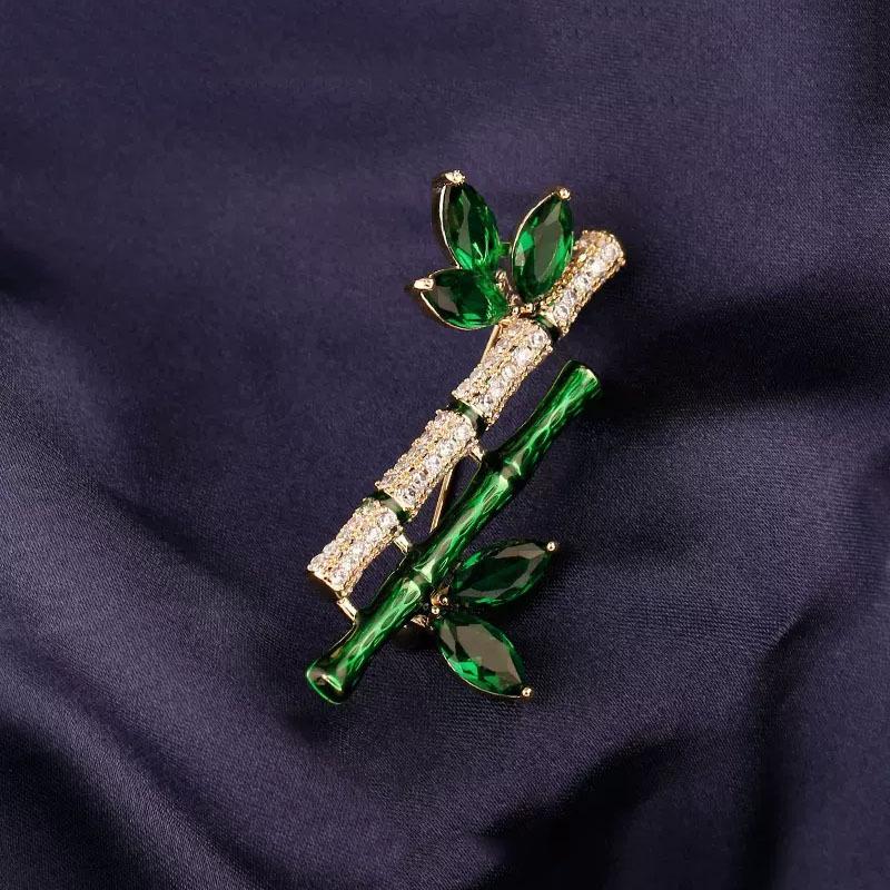 Ping An Bamboo Brooch Rising Emerald Crystal Zircon Pin Classical Temperament Brooch Cheongsam Antique Accessories