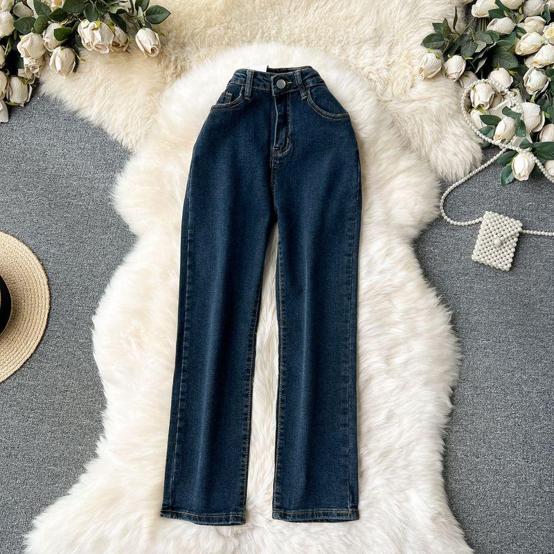 

Korean Style Hong Kong Style Vintage High Waist Silm Straight-leg Denim Dark blue 25