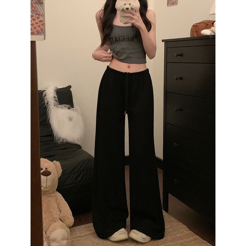 Kumikumi Idle Style Drawstring Casual Pants Straight-Leg Pants Women's Autumn Simplicity Loose White Wide Leg Pants Mop Pants