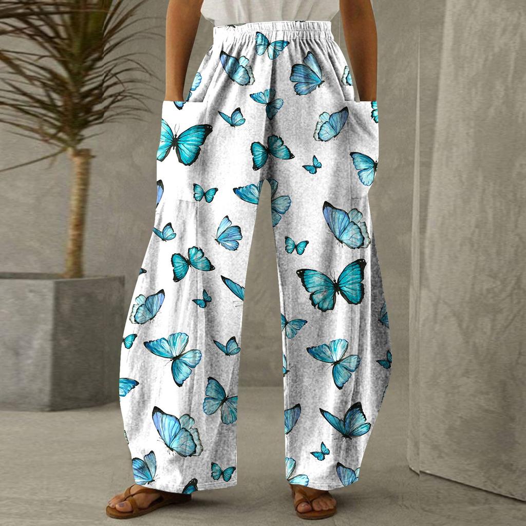 Womens Summer Print Casual Loose Pants Plus Size Loose Beach Pants