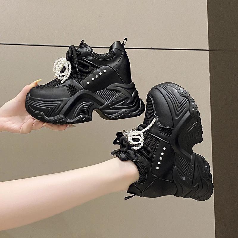 Fashion 10CM Women's Mesh Dad Shoes Thick Bottom Platform Sneakers New 2025 Summer Casual High Heel Sport Shoes Breathable Pearl Loafers