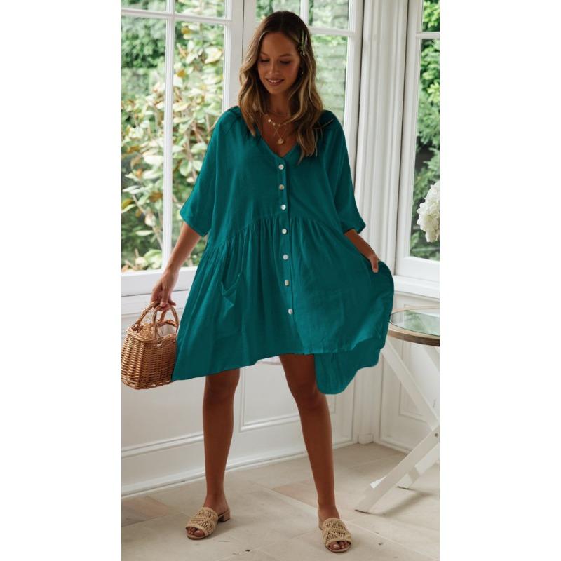 

Женская мода лето весна однотонный принт рукава 1/2 с v-образным вырезом свободная талия повседневные платья Average size