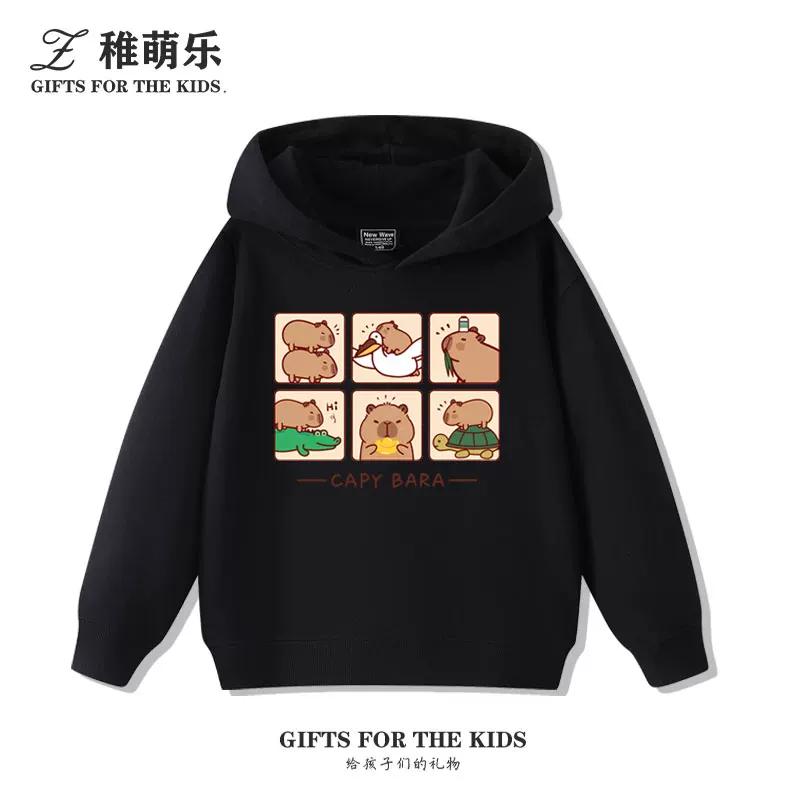 Sudadera con capucha infantil con estampado de capibara, otoño e invierno, para niños y niñas, forrada de felpa, versátil y a la moda.