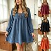 Women S V Neck Lantern Sleeve Loose Fit Mini Dress Autumn
