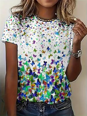 T-shirt d'été 2025 pour femme à col rond, design ample décontracté, haut simple, mode, t-shirt à motif papillon imprimé 3D