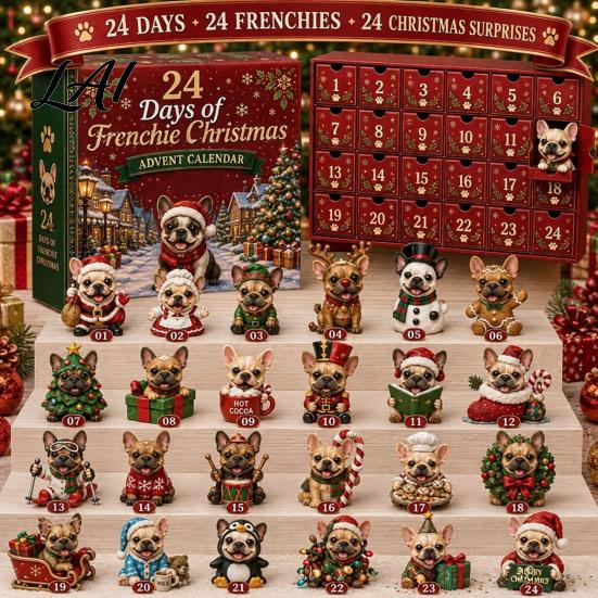 French Bulldog Advent Calendar Calendar 24-Day Christmas Countdown Acrylic Ornament Collectible Frenchie Puppy Figurines Figurine Hanging Decor for