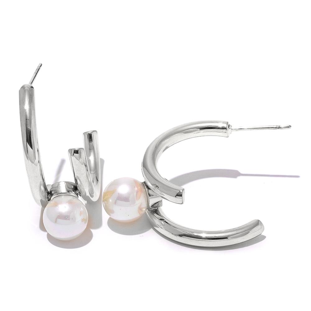 

Yhpup Trendy Imitation Pearls Stainless Steel Geometric Huggie Earrings Korean Temperament Anti Allergic Versatile Jewelry New