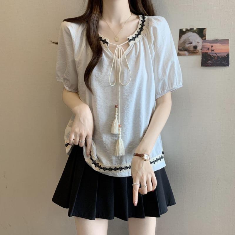 

Ladies Bow Tie Tied Shirt V-neck Embroidered Patchwork Tassel Design Ladies Blouse Summer Comfortable Famale Short Sleeved Top One Size абрикосовий