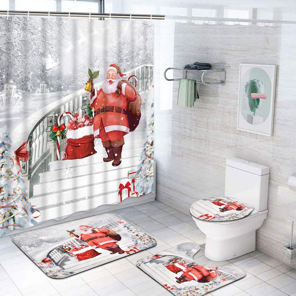 Snowman Santa Claus Shower Curtain Set Bathroom Set Non-Slip Mat Carpet Waterproof Toilet Seat Cushion Bath Mat Christmas Decor