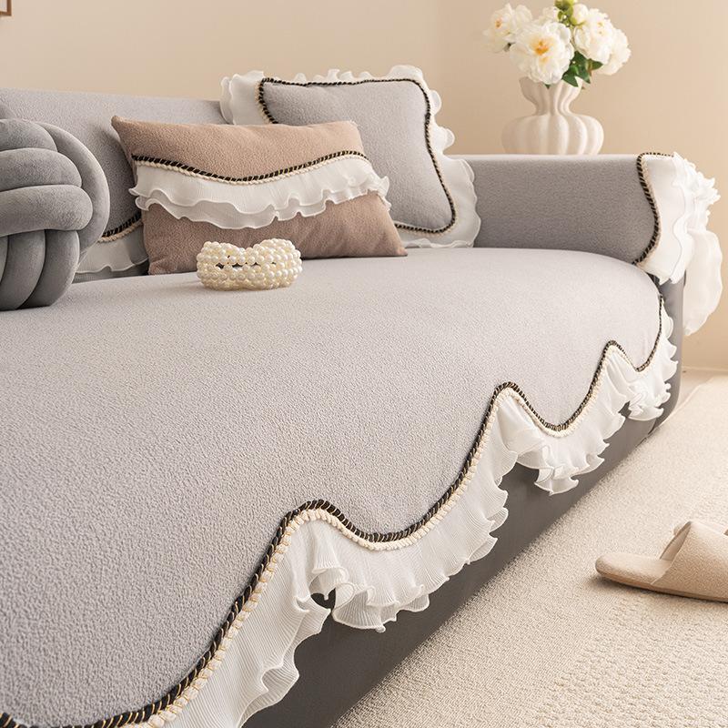 European Teddy Velvet Sofa Cushion with Lace Thick Anti Slip Couch Cover for All Seasons Irregular Hemline Furniture Protector 90*90cm