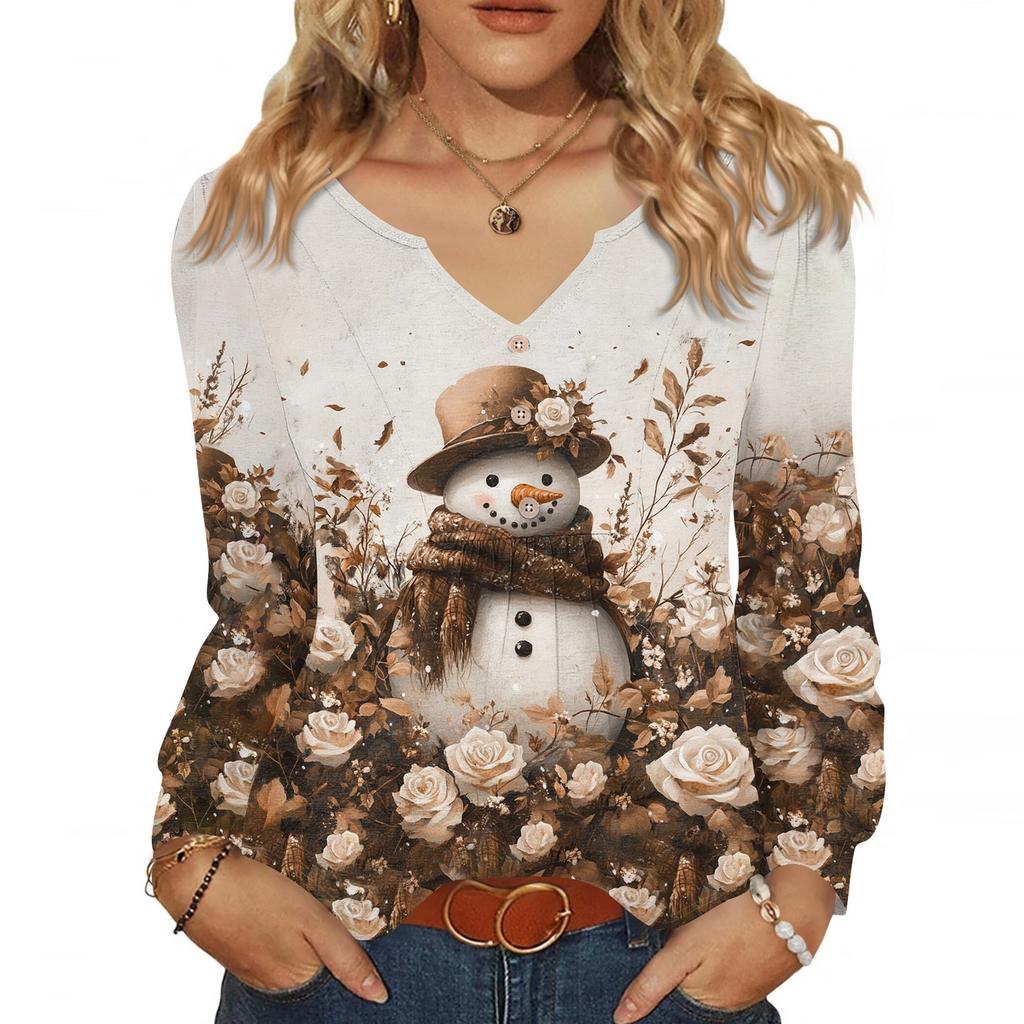 Dámská módní ležérní halenka s výstřihem do V, knoflíky, vánoční potisk, s dlouhým rukávem, pulovr, tričko, top