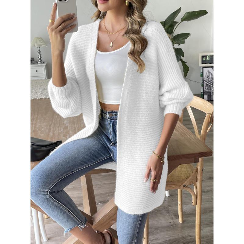 Women Casual Long Sleeve V Neck Solid Open Front Faux Mink Knit Cardigan Sweater Outerwear