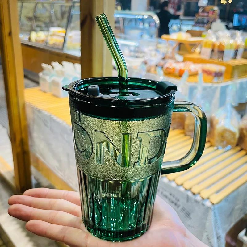 1/3/5PCS Straw Cup Glass Water Cup for Girls Handle with Lid Transparent Embossed Cup Men's New Home Office Milk Glass
