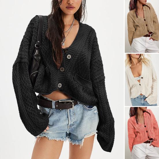 Women Sweater Coat V-Neck Long Sleeve Buttons Closure Cardigan Jacket with Pockets Solid Color Twist Texture Knitting Coat