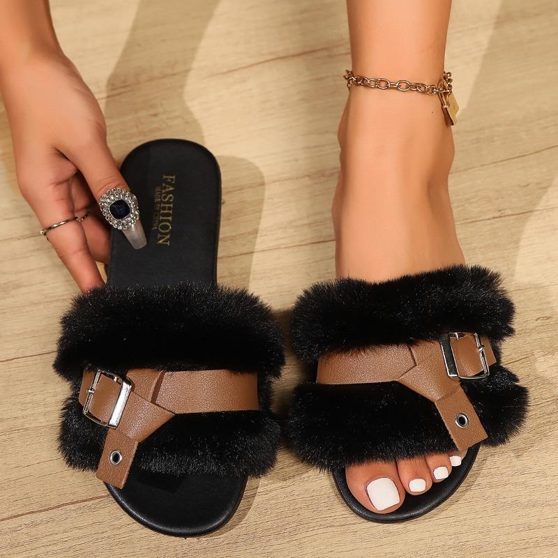 Fashion 2025 New Women Plush Slippers Fashion Metal Flat Cotton Slippers Non Slip Warm Shoes Comfortable Home Slides Women Slides Women