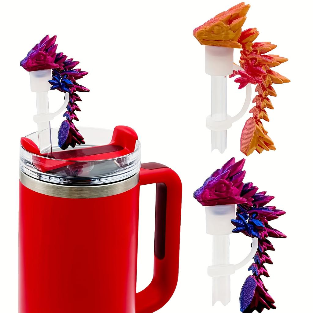 Drachenförmige Strohkappen, geeignet für 30- und 40-Unzen-Trinkbecher mit Strohhalm, Silikon-Strohhalmaufsätze überzogen, mit 3D-gedruckten Drachen