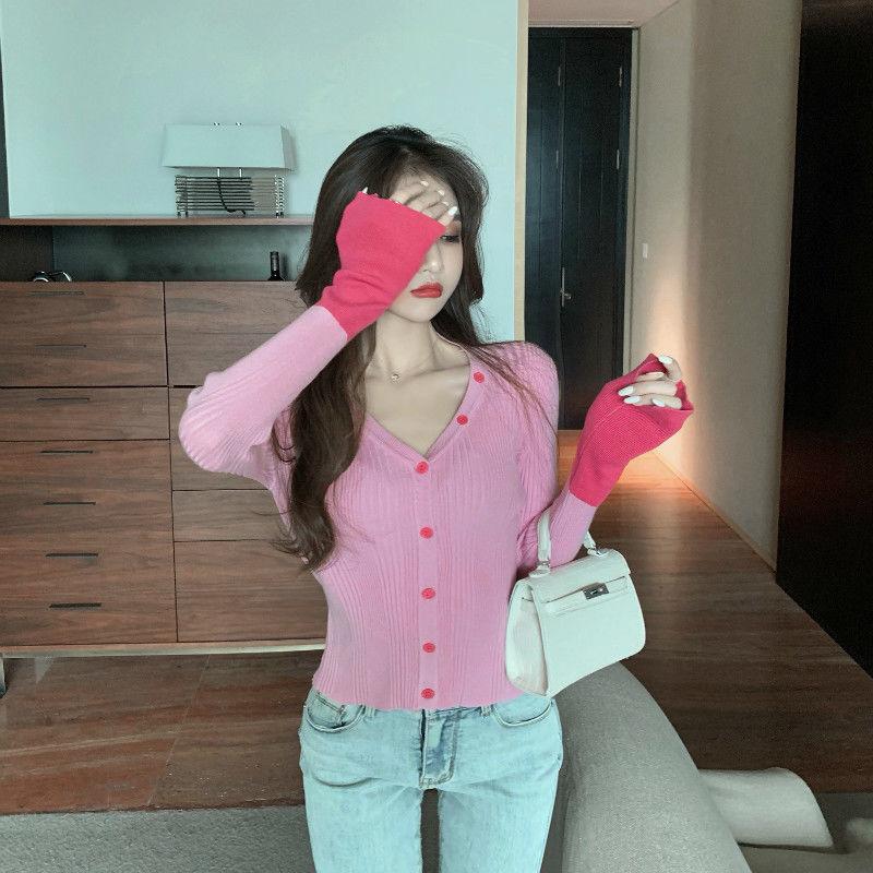 Spring Patchwork Design Knitted Cardigan for Women with Long Sleeves and Bottom Lining Short and Versatile Casual Top