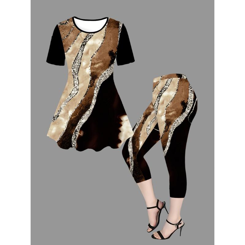 Spring and Summer Geometric Art Pattern Casual Round Neck Short-sleeved Top and Solid Color Leggings Set