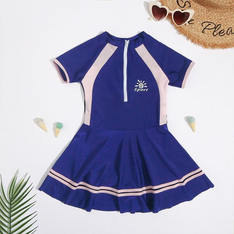 Girls Sporty One-Piece Swimsuit With Short Sleeves Half-Zip Front High-Waist Skirted Design UV Protection Anti-See-Through