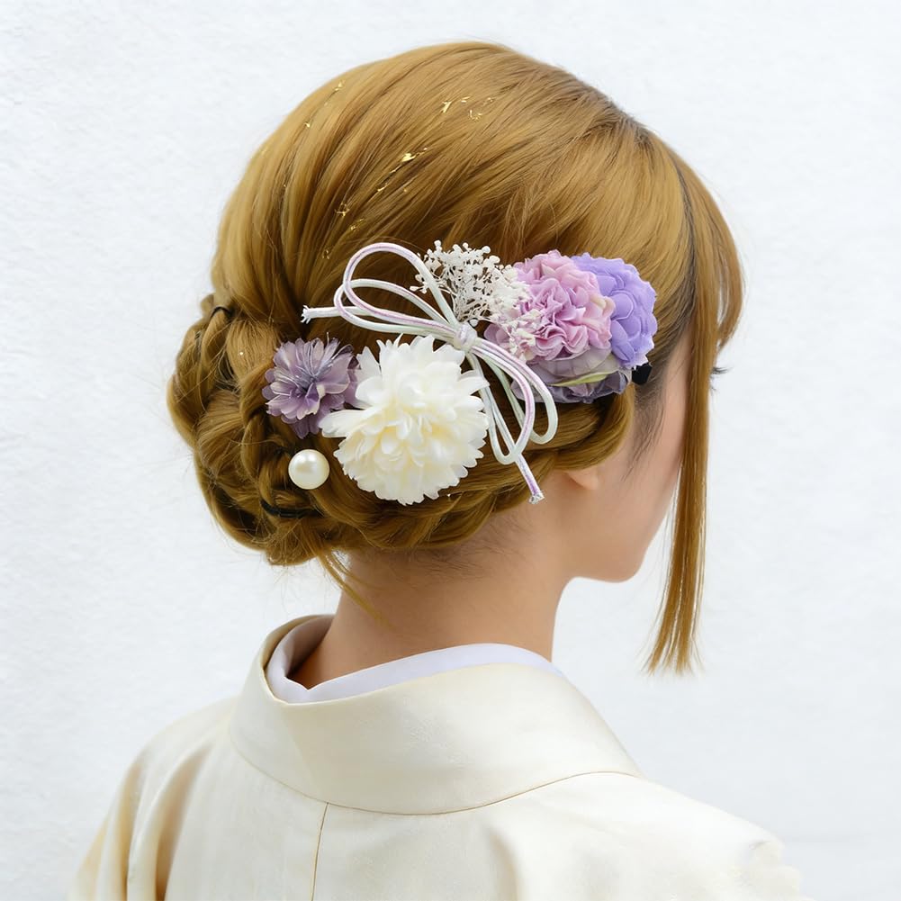 FASELE Hair Accessories Set of 6: Artificial Flowers, Hairpins, U-pins, Ping Pong Chrysanthemums, Baby's Breath, Bow Knots, for Coming-of-Age