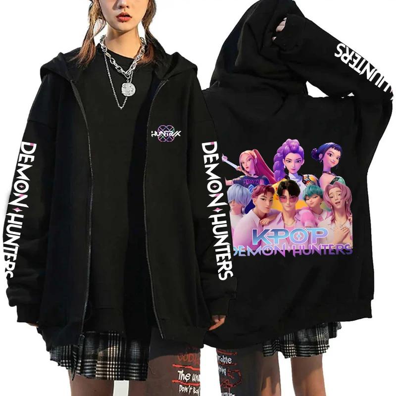 Hot Kpop Demon Hunters Printed Hoodies Hip-hop Zipper Hoodies Autumn Winter Streetwear Sweatshirt Women Men Long Sleeve Zip Coat